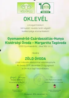 &amp;quot;Zöld Óvoda&amp;quot; cím adományozás