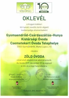 &amp;quot;Zöld Óvoda&amp;quot; cím adományozás
